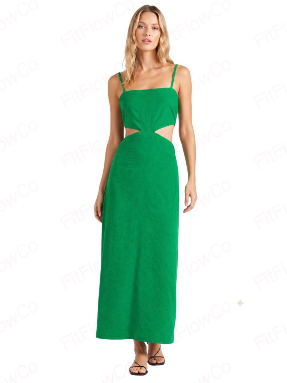 Mango Green Linen Blend Side Cutout Midi Dress XS US 2 Resort